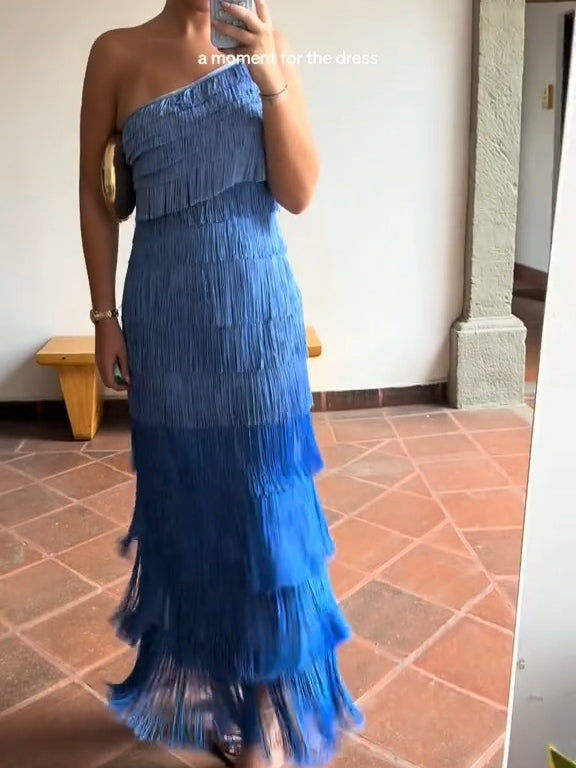 Gradient Fringe One-shoulder Maxi Dress