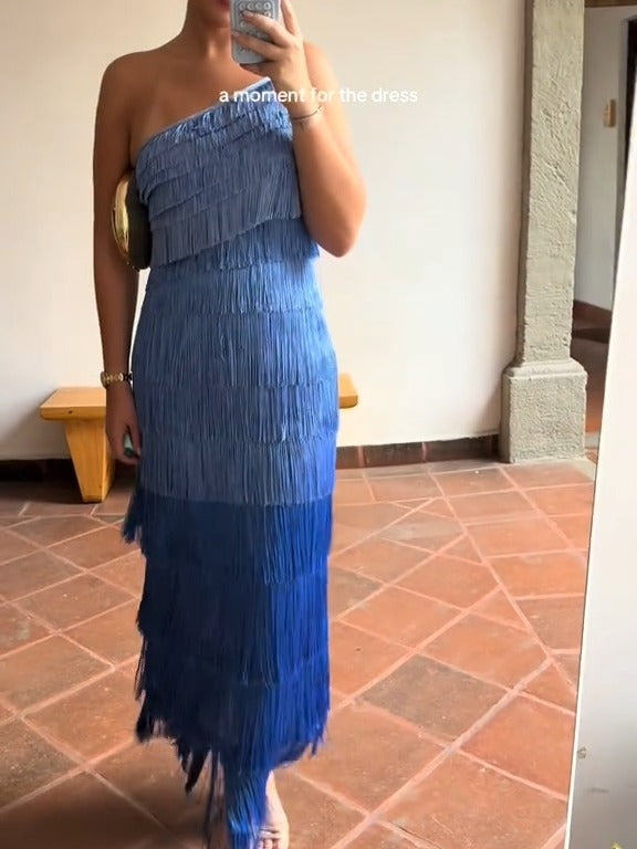Gradient Fringe One-shoulder Maxi Dress