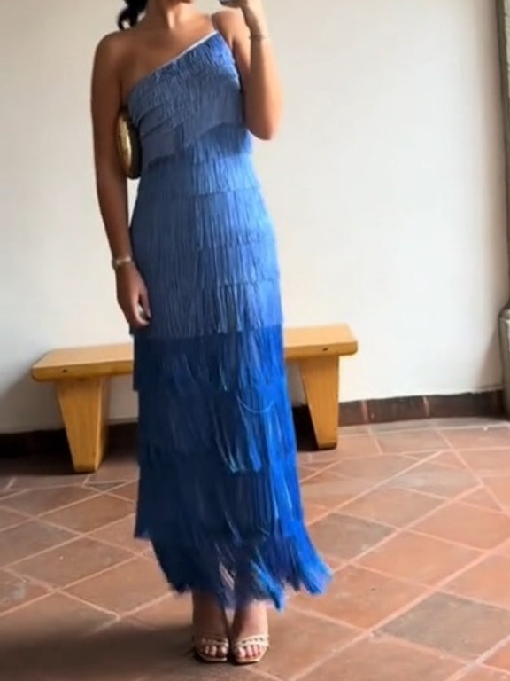 Gradient Fringe One-shoulder Maxi Dress