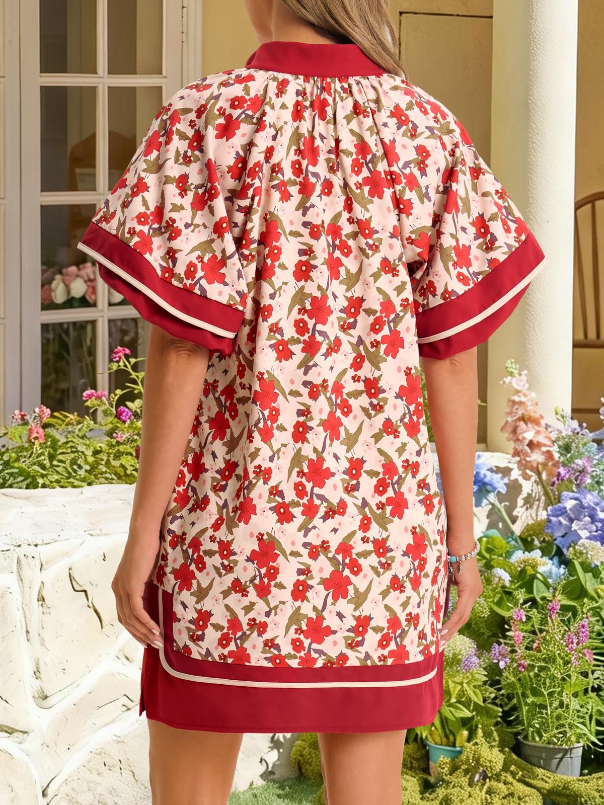 Puff Sleeve Casual V Neck Floral Block Mini Dress With Pockets