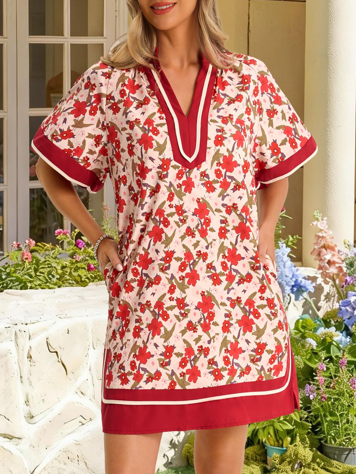 Puff Sleeve Casual V Neck Floral Block Mini Dress With Pockets