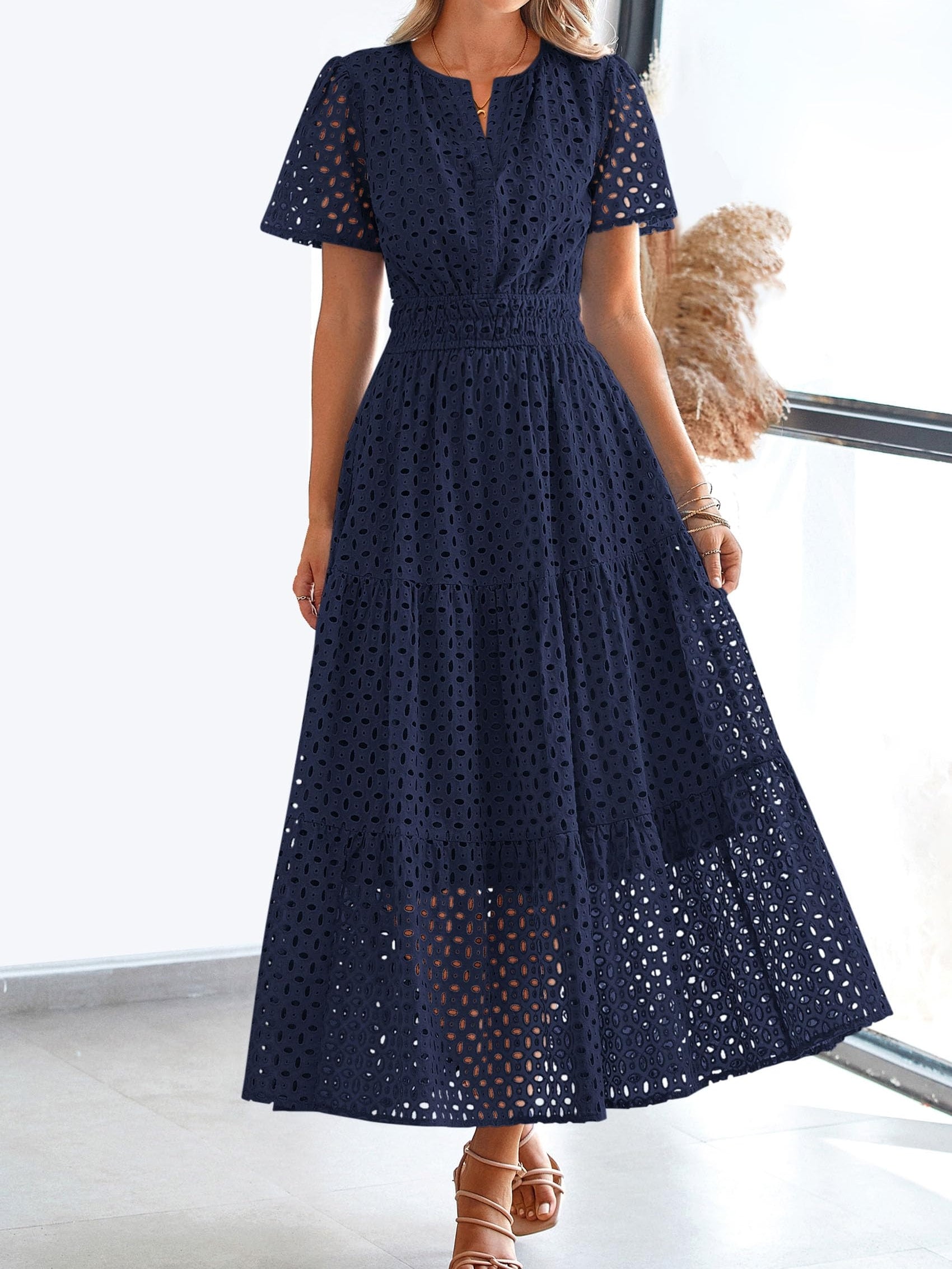 V Neck Hollow Out Eyelet A Line Maxi Dress