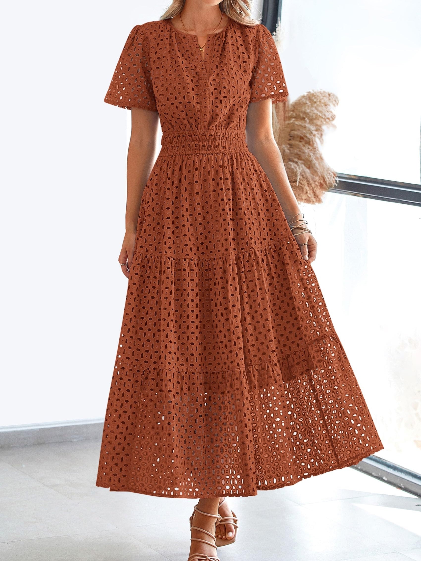 V Neck Hollow Out Eyelet A Line Maxi Dress