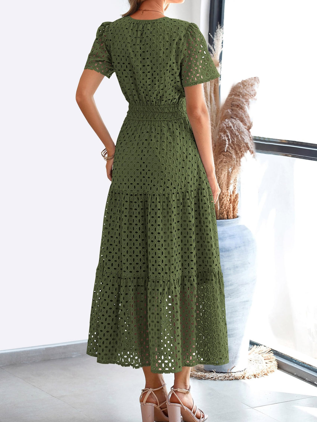 V Neck Hollow Out Eyelet A Line Maxi Dress