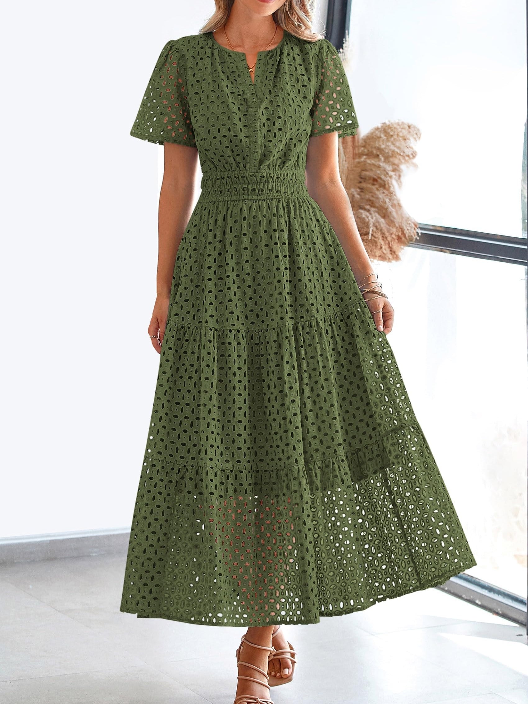 V Neck Hollow Out Eyelet A Line Maxi Dress