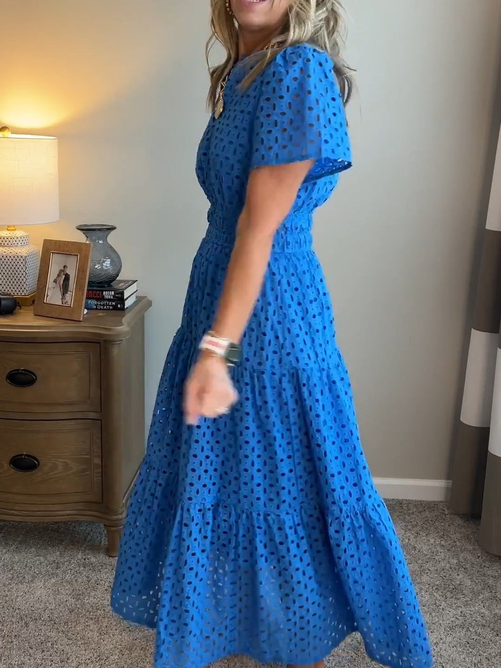 V Neck Hollow Out Eyelet A Line Maxi Dress
