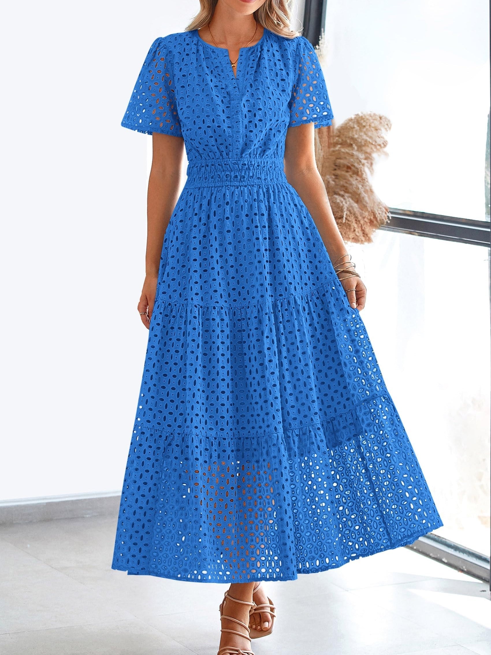 V Neck Hollow Out Eyelet A Line Maxi Dress