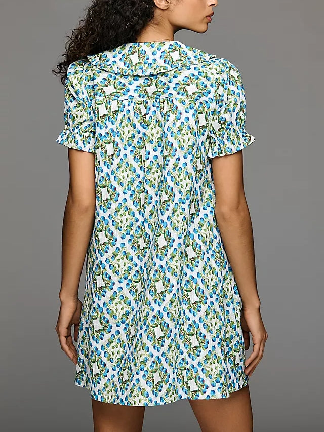 Ruffled Peter Pan Collar Button Cotton Mini Dress