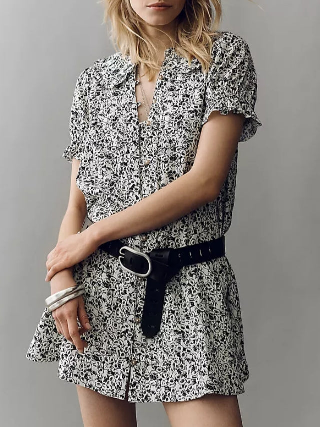 Ruffled Peter Pan Collar Button Cotton Mini Dress