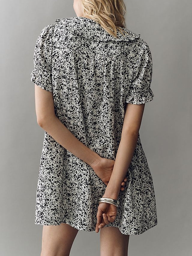Ruffled Peter Pan Collar Button Cotton Mini Dress