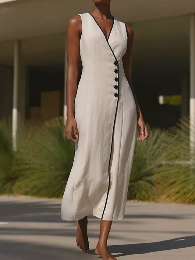 Sleeveless Linen Blend Wrap Midi Dress