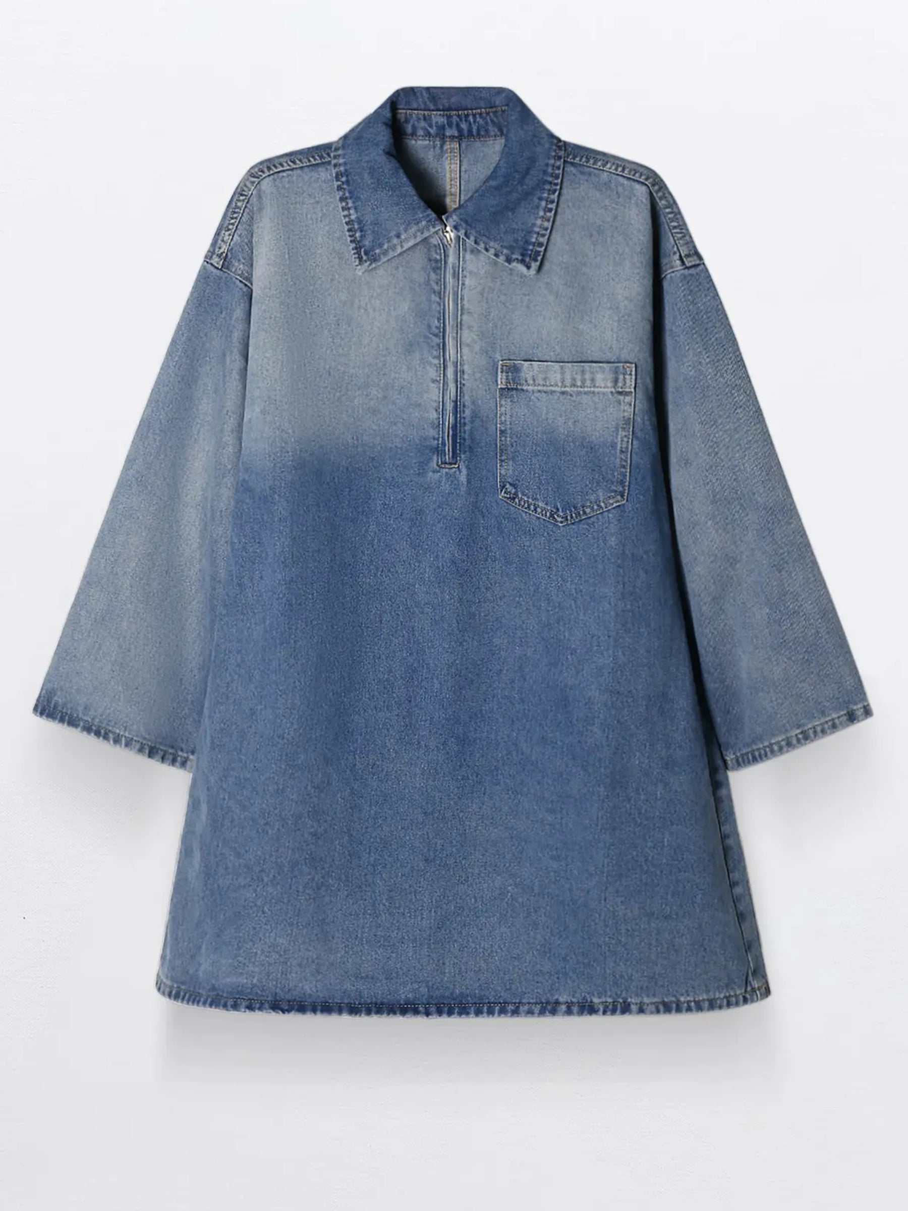 Half-Zip Collared Vintage Washed Denim Dress