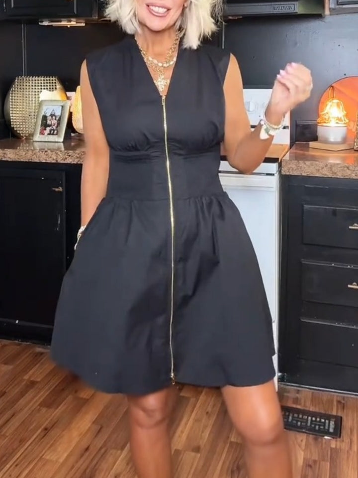 Women’s V Neck Zipper Smocked Mini Dress With Pockets