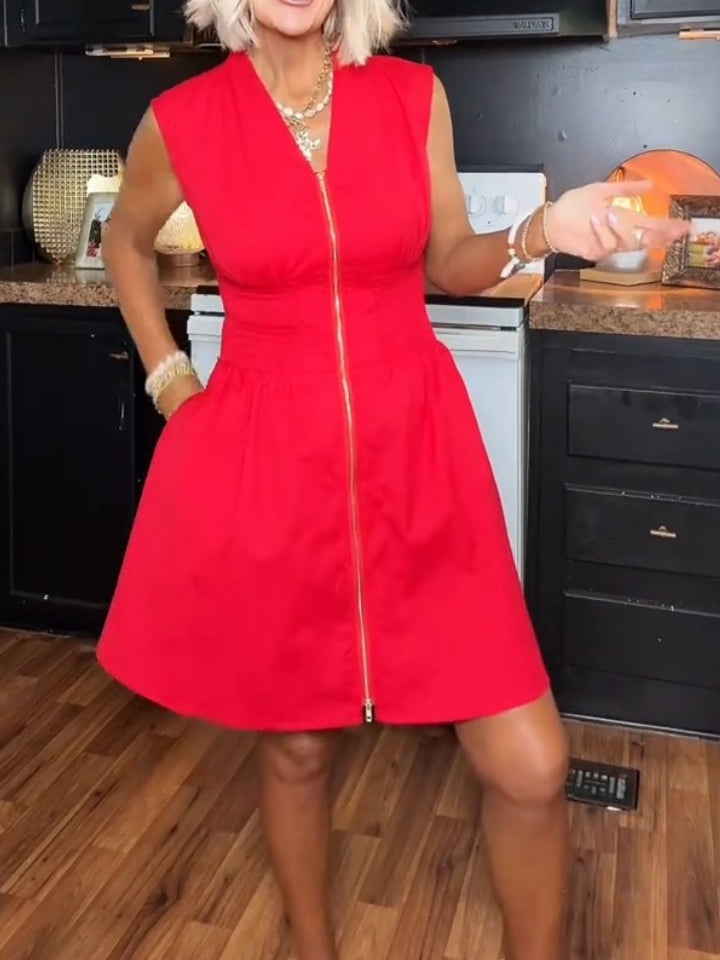 Women’s V Neck Zipper Smocked Mini Dress With Pockets