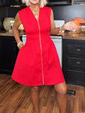 Women’s V Neck Zipper Smocked Mini Dress With Pockets