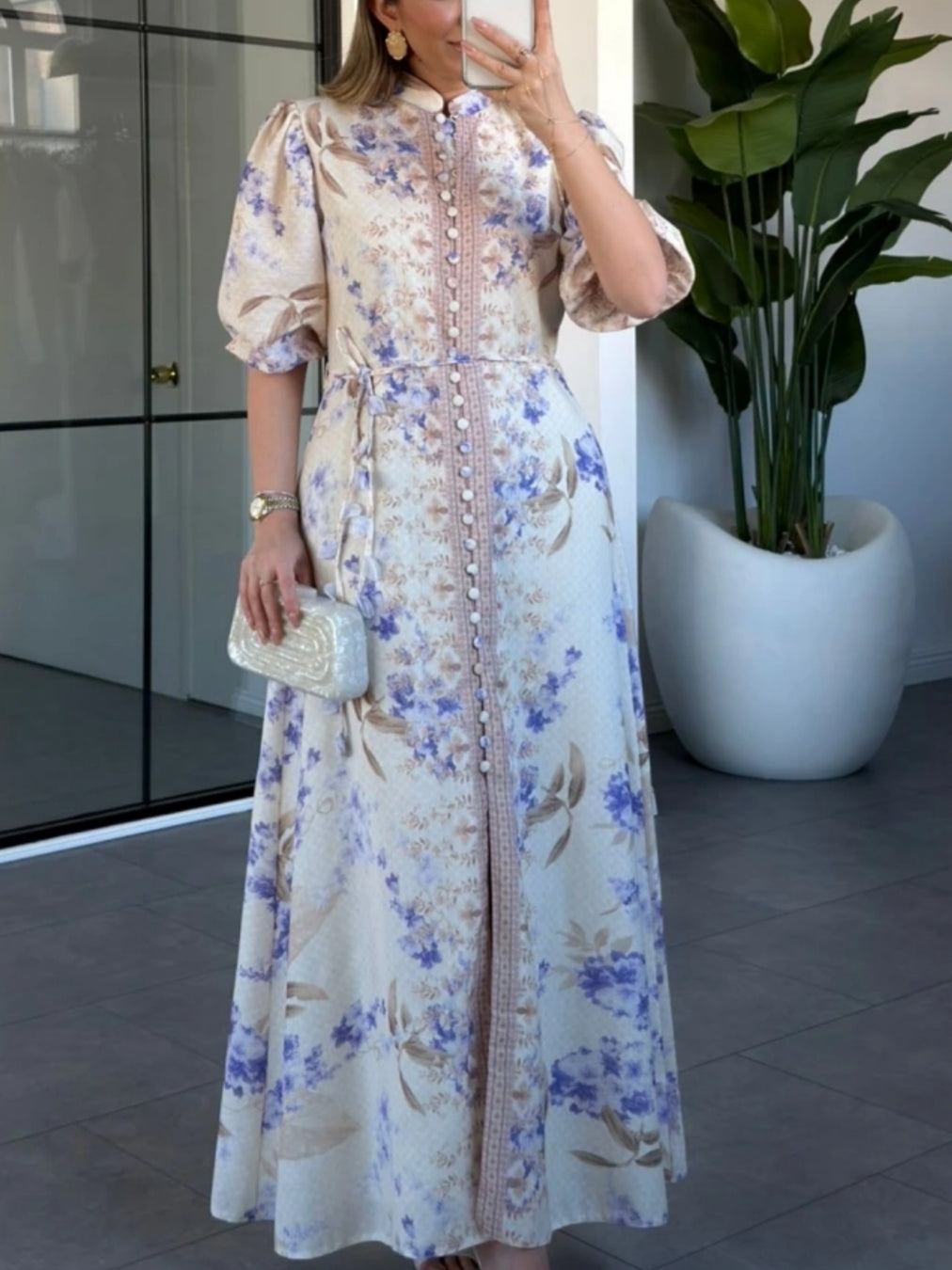 Floral Pattern Premium Fabric Button Dress