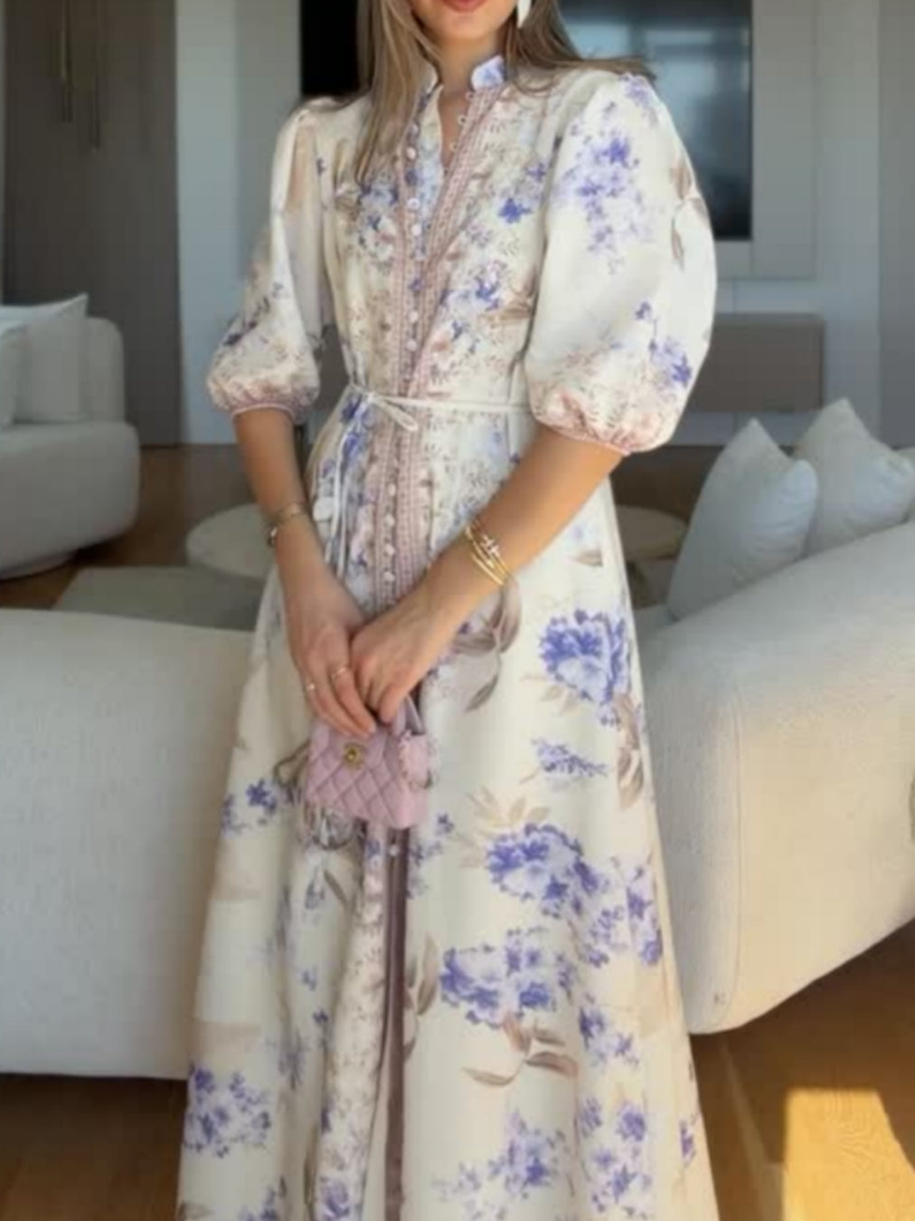 Floral Pattern Premium Fabric Button Dress