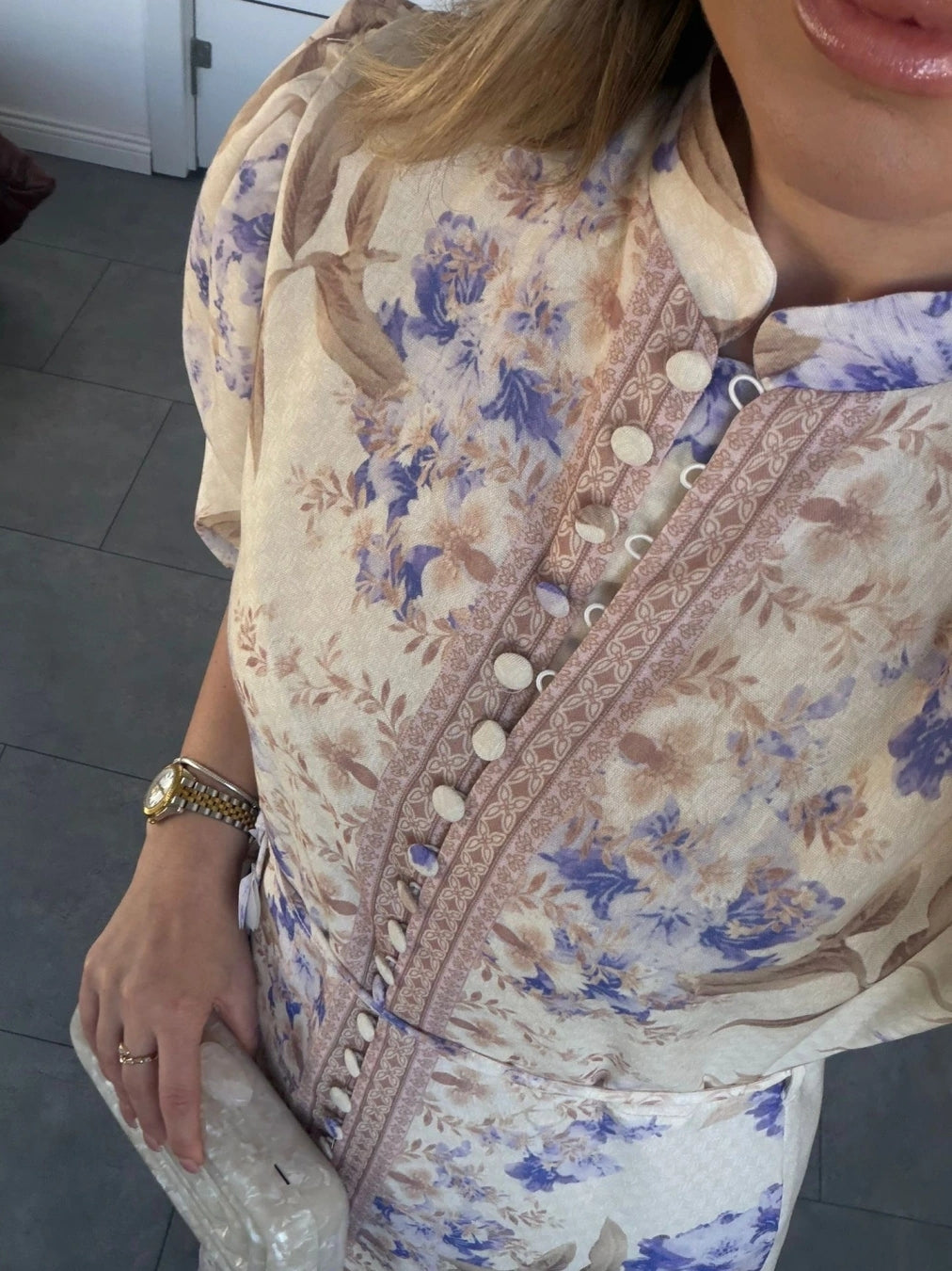 Floral Pattern Premium Fabric Button Dress