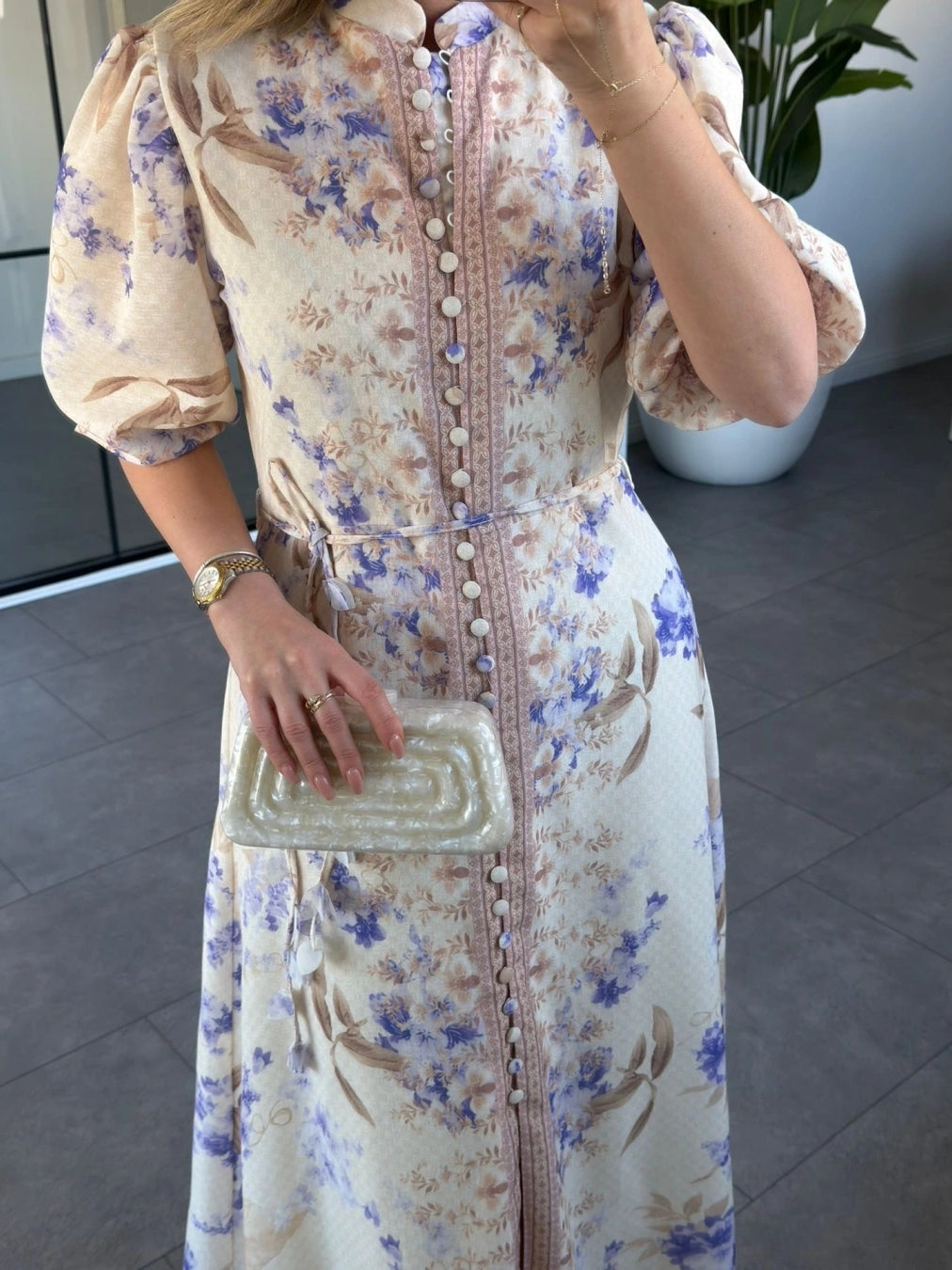 Floral Pattern Premium Fabric Button Dress