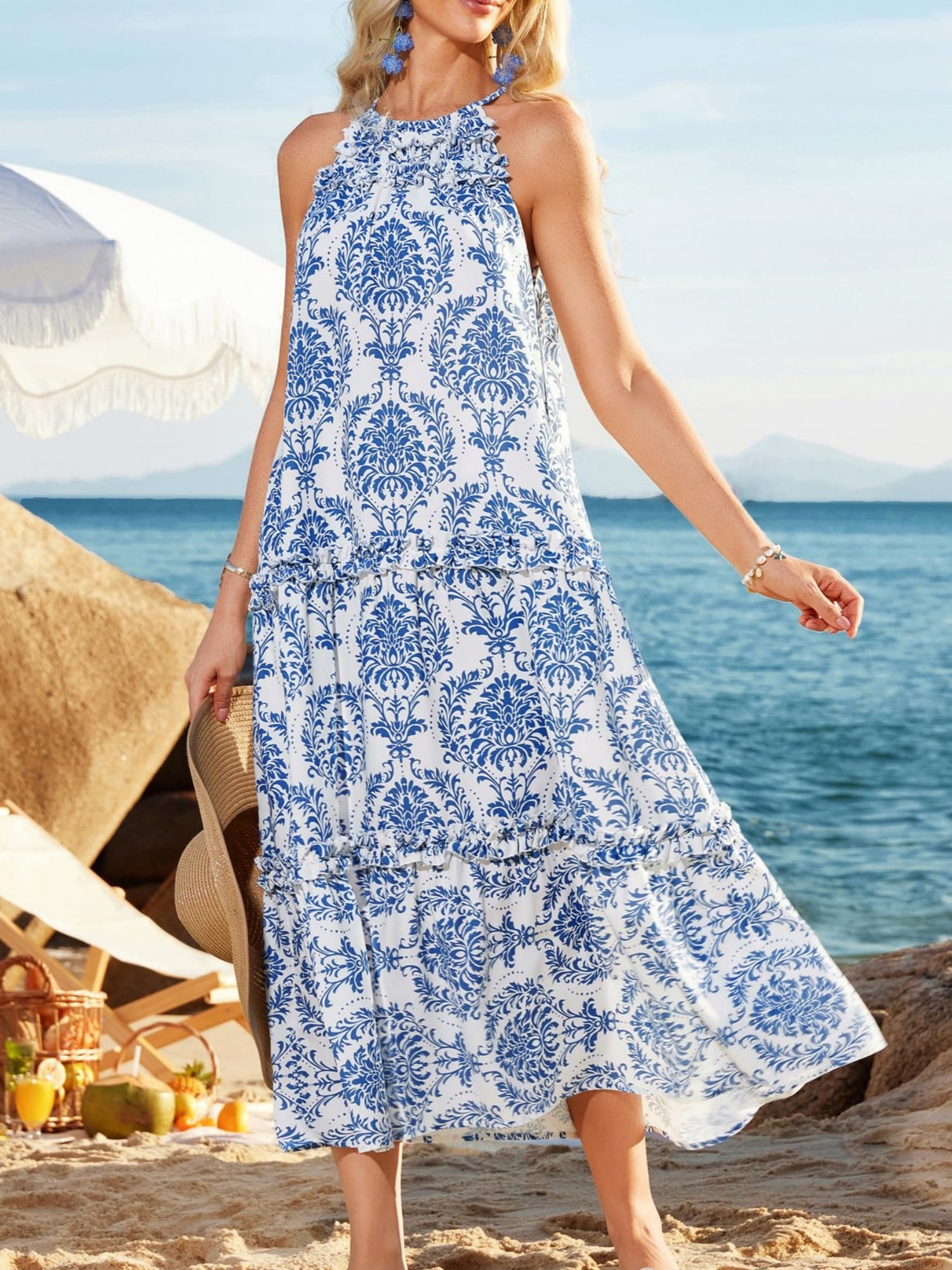 Women Casual Bohemian Halterneck Vacation Beach Dress