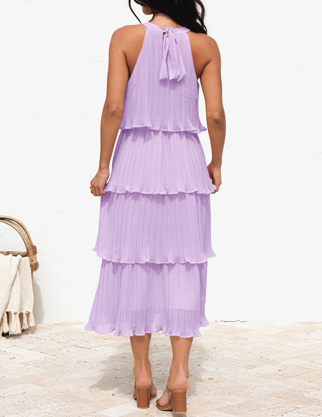 Sleeveless Halter Neck Ruffle Tiered Layed Chiffon Midi Dress