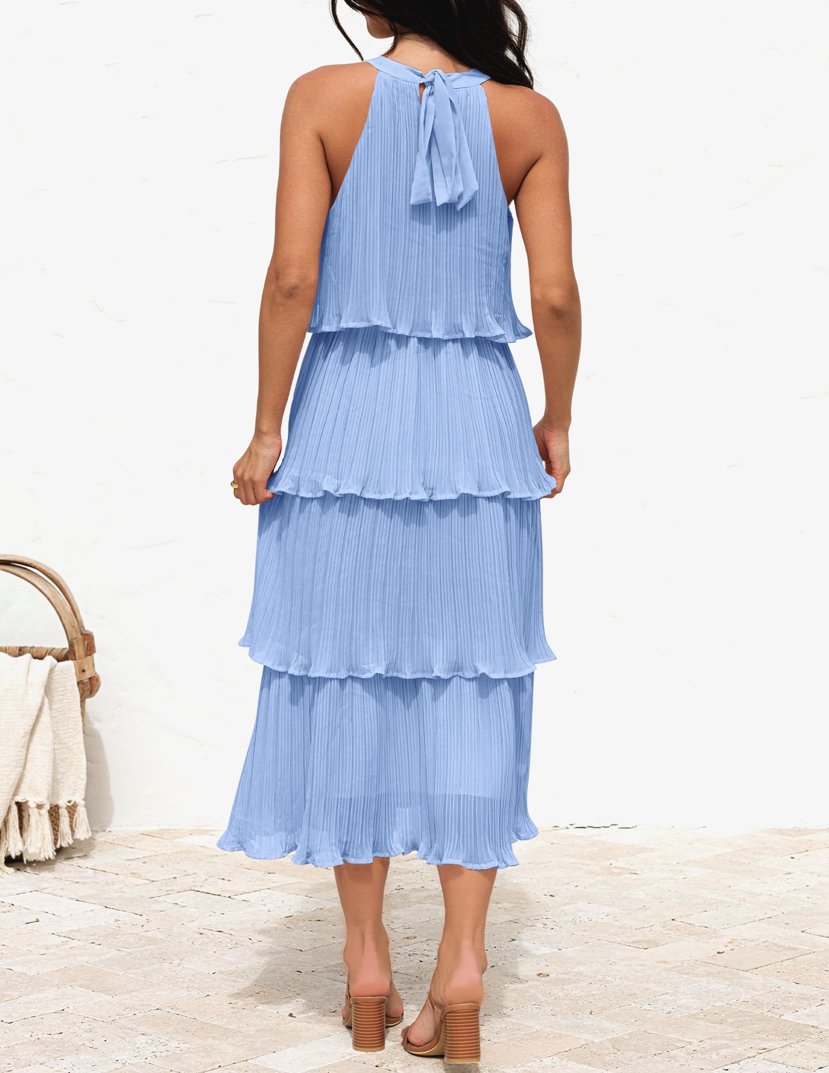 Sleeveless Halter Neck Ruffle Tiered Layed Chiffon Midi Dress