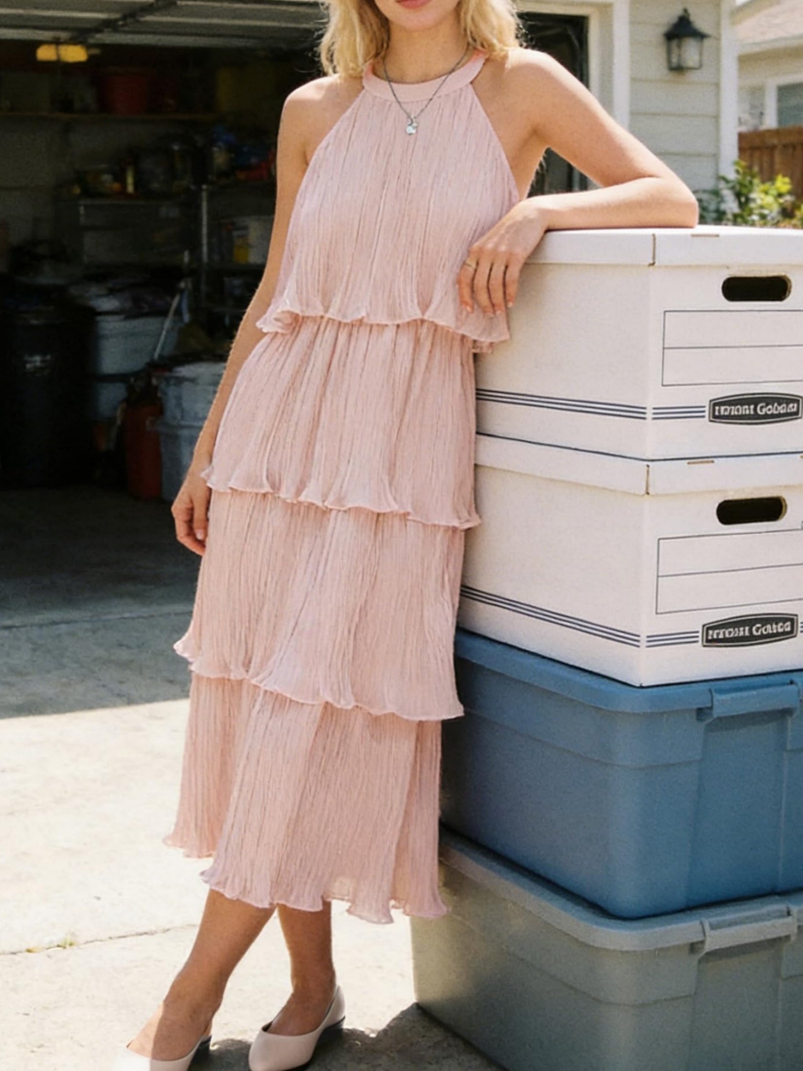 Sleeveless Halter Neck Ruffle Tiered Layed Chiffon Midi Dress