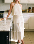 Sleeveless Halter Neck Ruffle Tiered Layed Chiffon Midi Dress