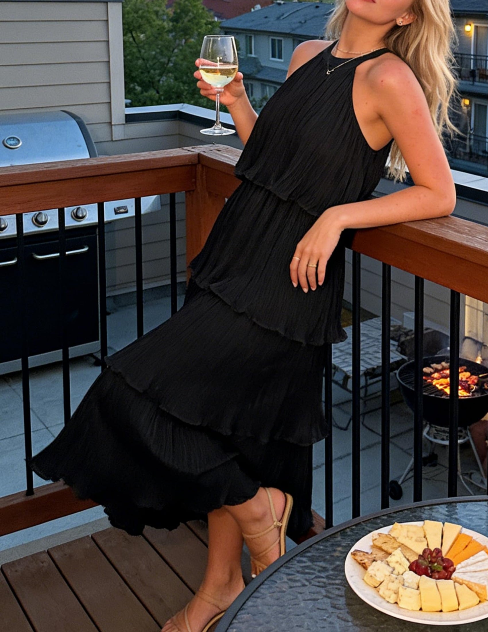 Sleeveless Halter Neck Ruffle Tiered Layed Chiffon Midi Dress