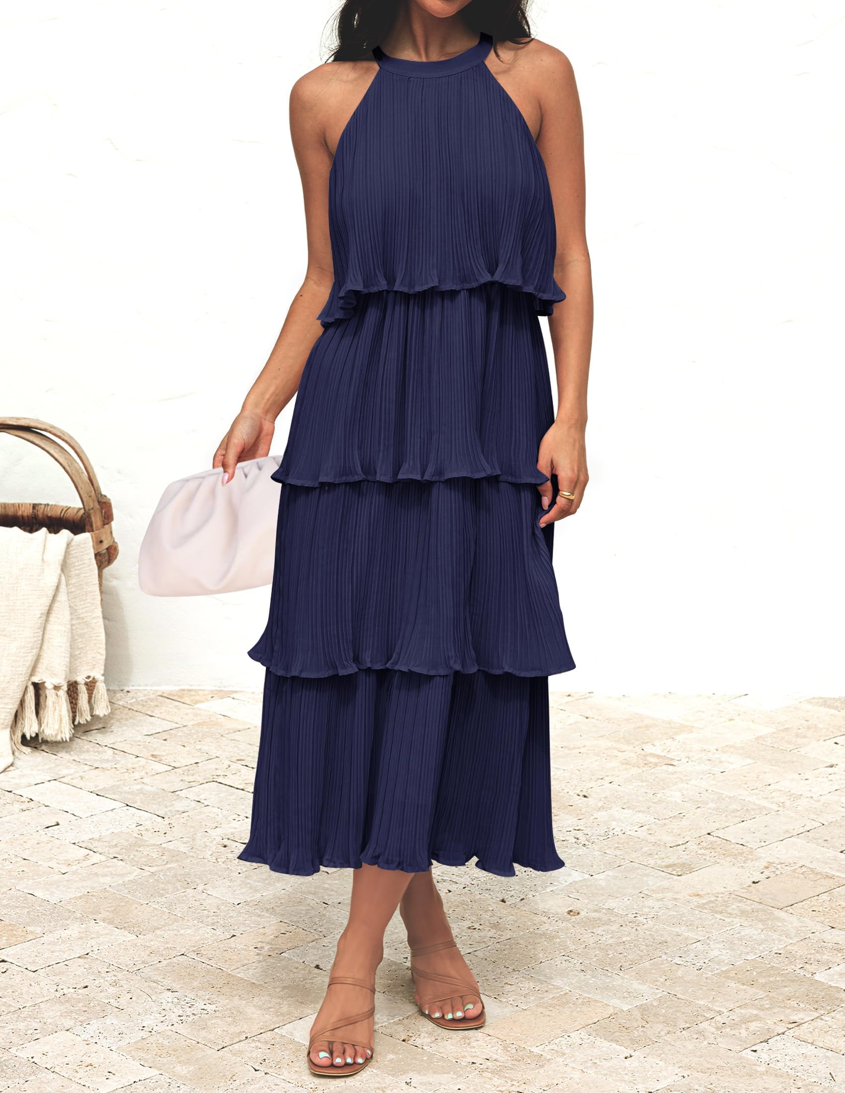 Sleeveless Halter Neck Ruffle Tiered Layed Chiffon Midi Dress