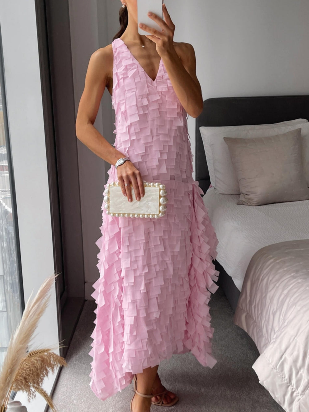 Textured Square Cut Sequins Maxi Dress