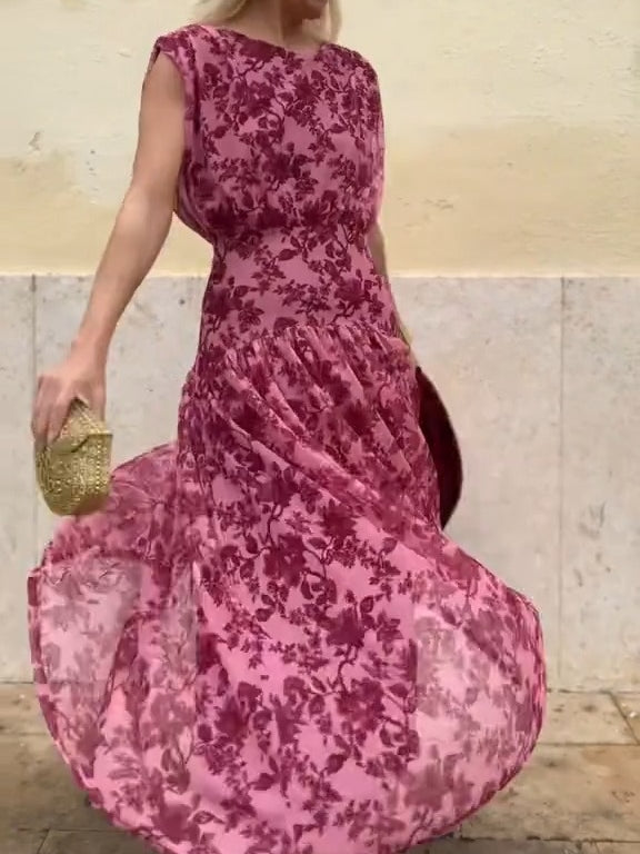 Flowing Floral Chiffon Sleeveless Maxi Dress