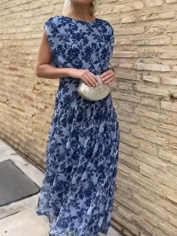 Flowing Floral Chiffon Sleeveless Maxi Dress