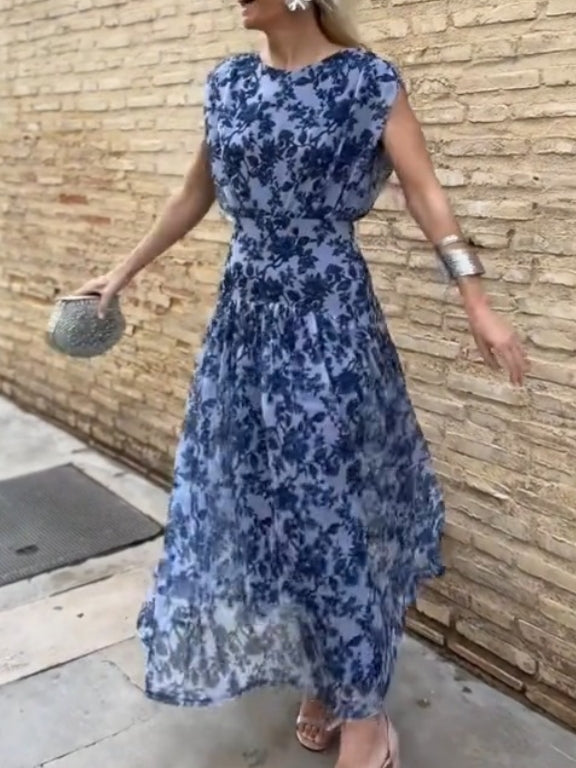 Flowing Floral Chiffon Sleeveless Maxi Dress