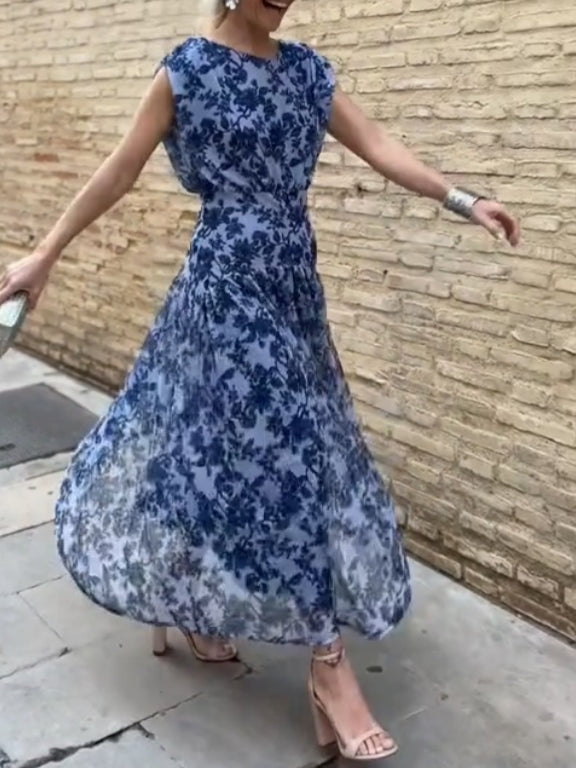 Flowing Floral Chiffon Sleeveless Maxi Dress