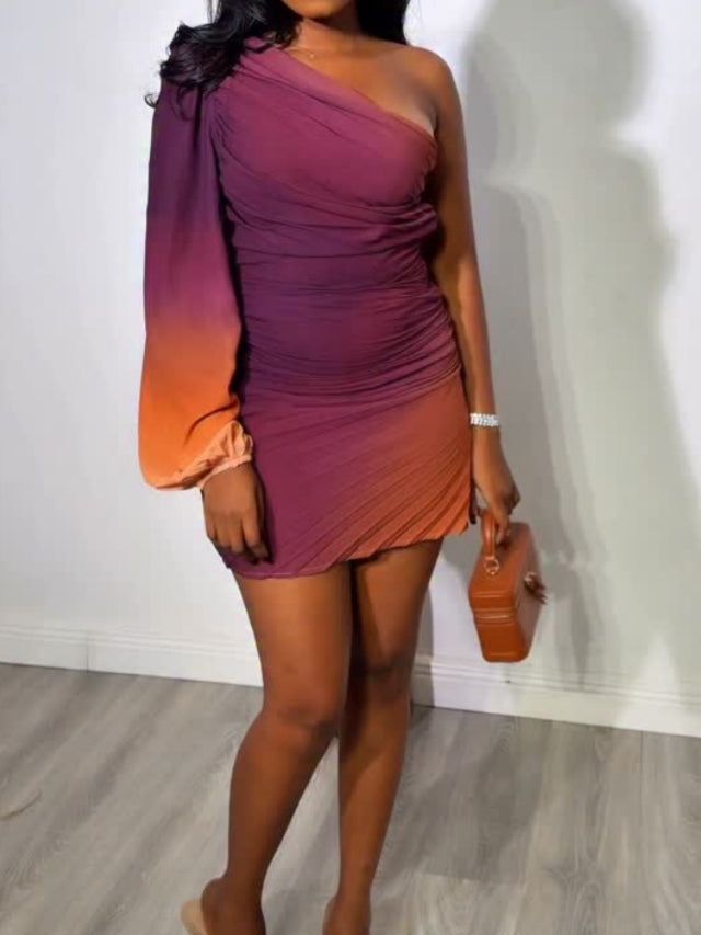 Ombre Pleated One-Shoulder Dress