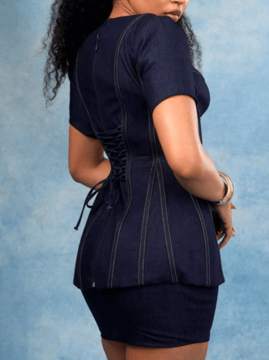 Sleek V-cut Neckline Denim Mini Dress