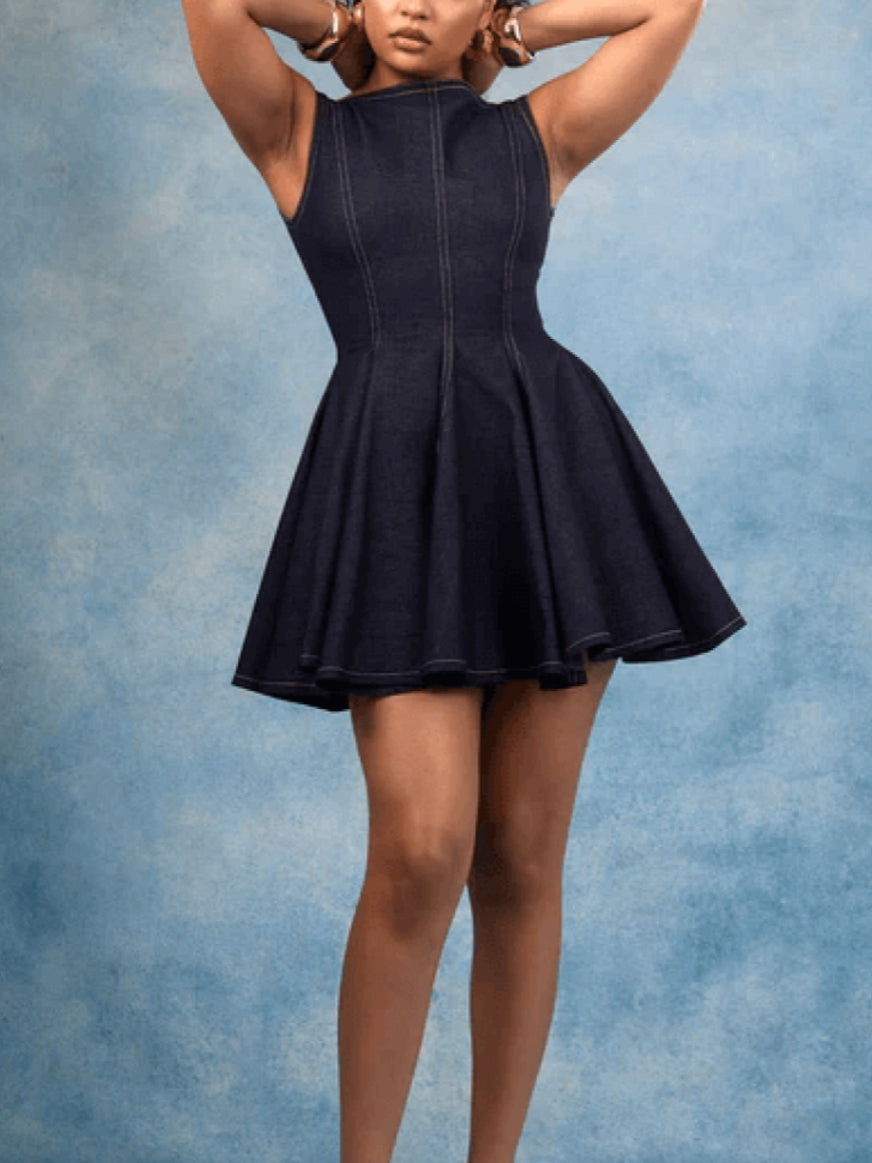 Deep V-cut Back A-line Denim Mini Dress