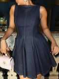 Deep V-cut Back A-line Denim Mini Dress