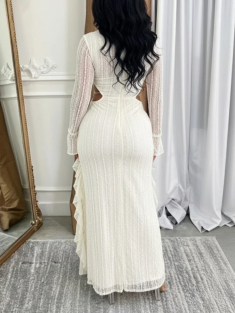Deep V Neck Long Sleeve Ruffle High Slit Gowns Maxi Dresses