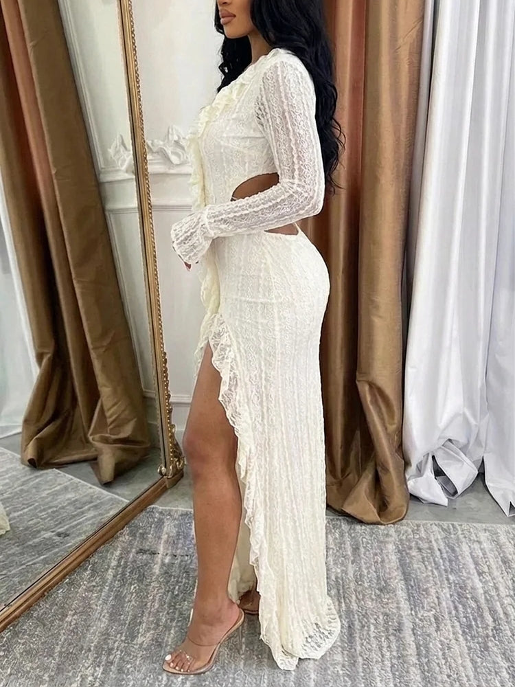 Deep V Neck Long Sleeve Ruffle High Slit Gowns Maxi Dresses