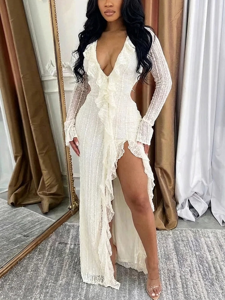 Deep V Neck Long Sleeve Ruffle High Slit Gowns Maxi Dresses