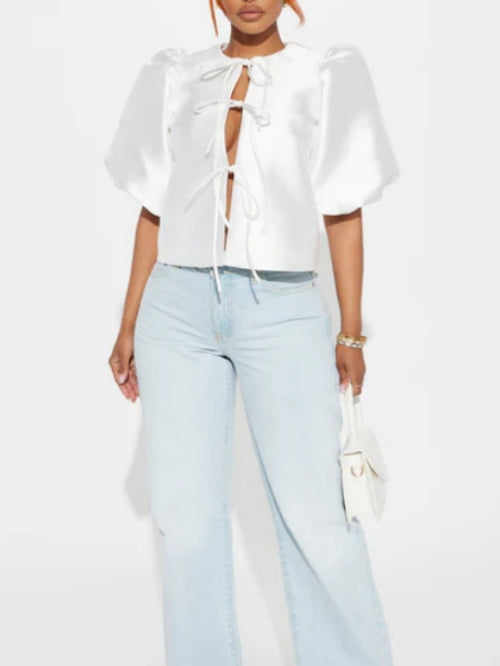 Short Puff Sleeve Tie Front Top