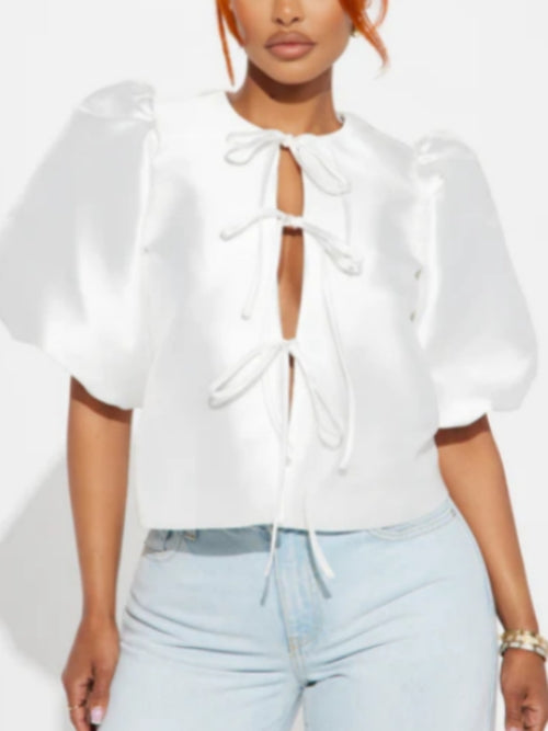 Short Puff Sleeve Tie Front Top