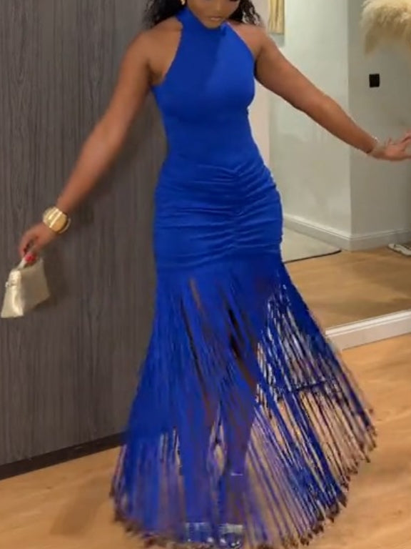 Graceful Fringes Wooden Beads Sleeveless Dress