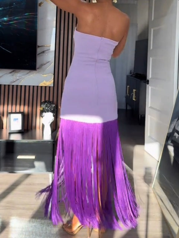 Purple Tassel Strapless Dress