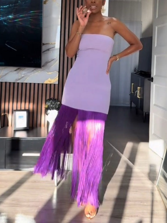 Purple Tassel Strapless Dress