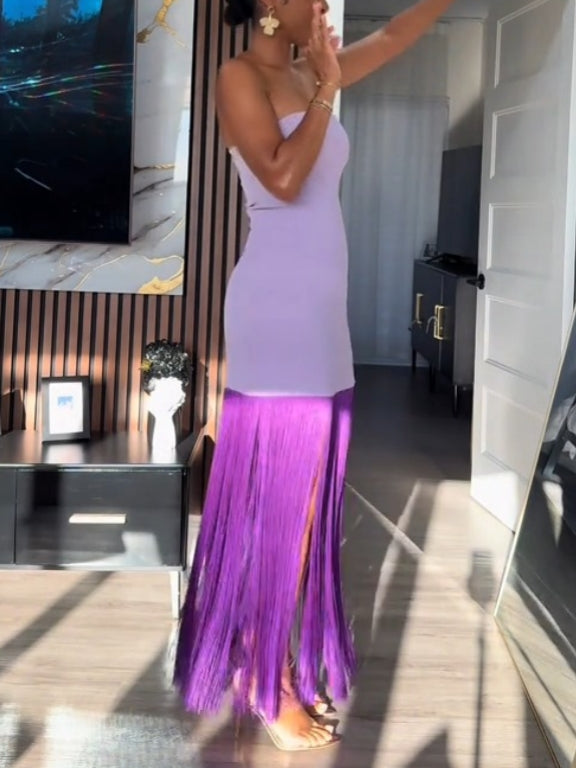 Purple Tassel Strapless Dress