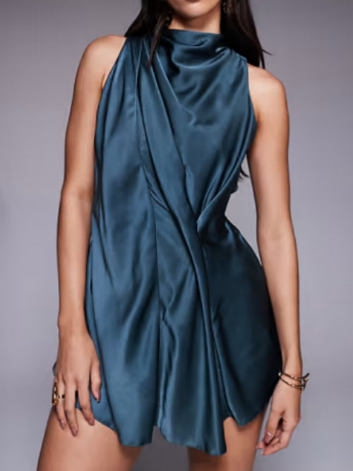 High Neck Drape Satin Playsuit
