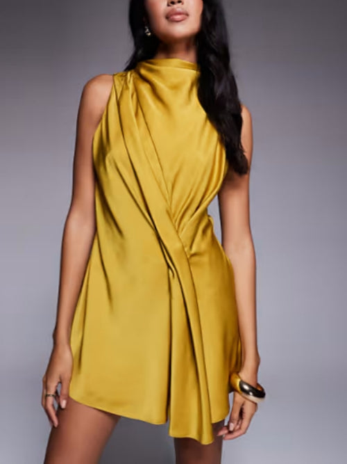 High Neck Drape Satin Playsuit